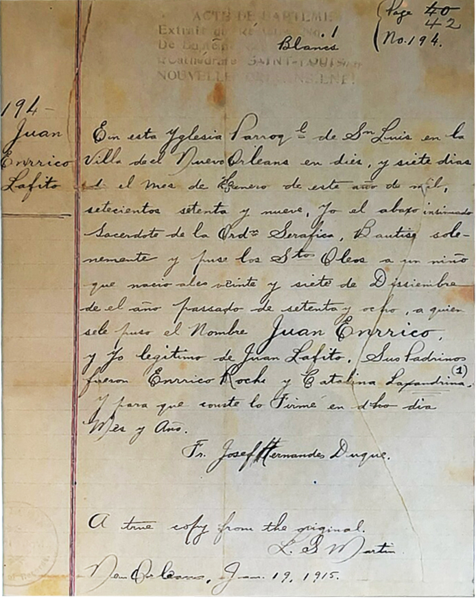 1778 Official Transcription of the Baptism of the pirate Jean Henri Laffite