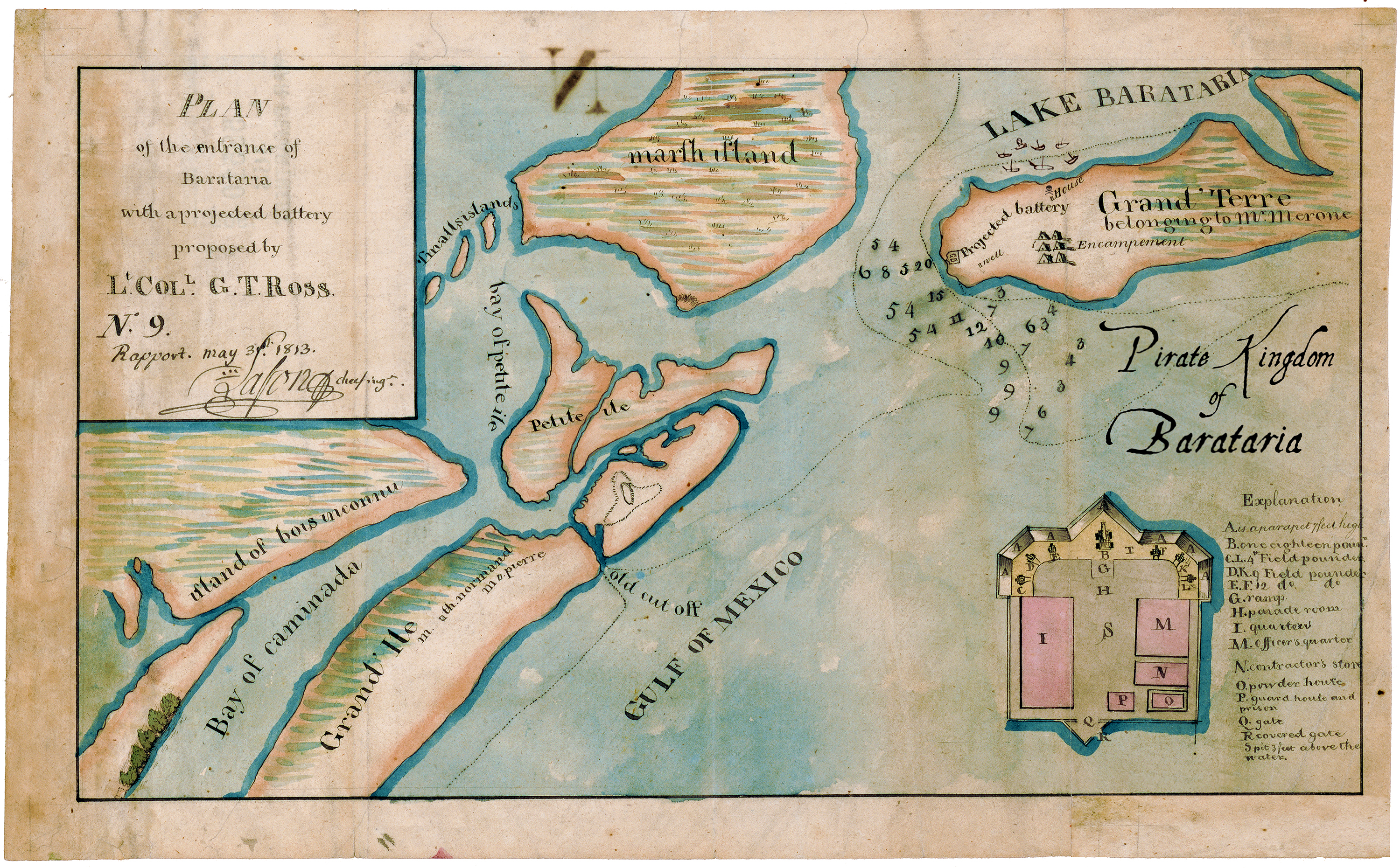 1813 Map of Island of Grand Terre by Barthelemy Lafon